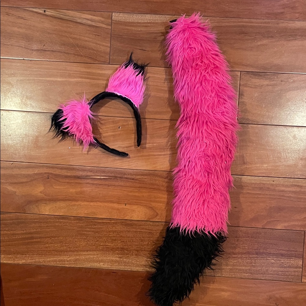 Pink and Black Furry Tail and Ears Costume Set